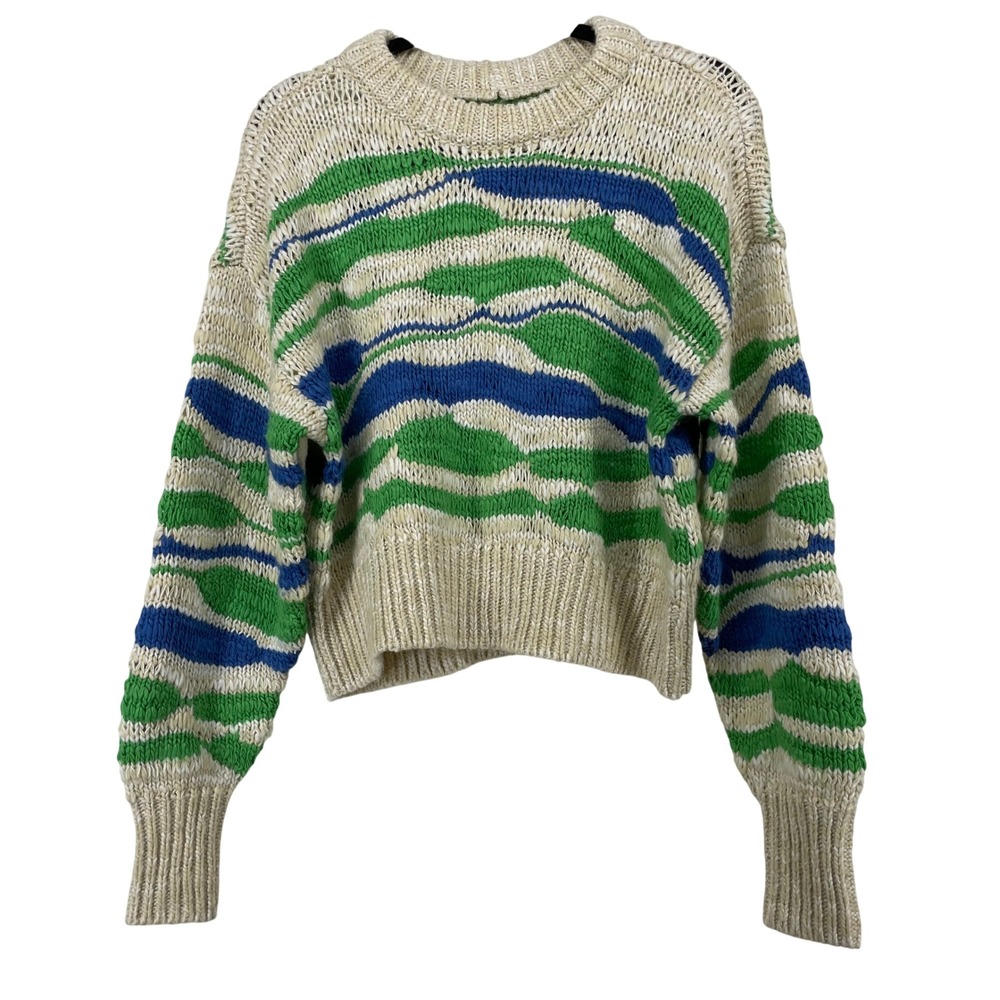Aerie‎ Size XS Oversized Chunky Knit Sweater Indie Green Blue Wave Stripe Womens